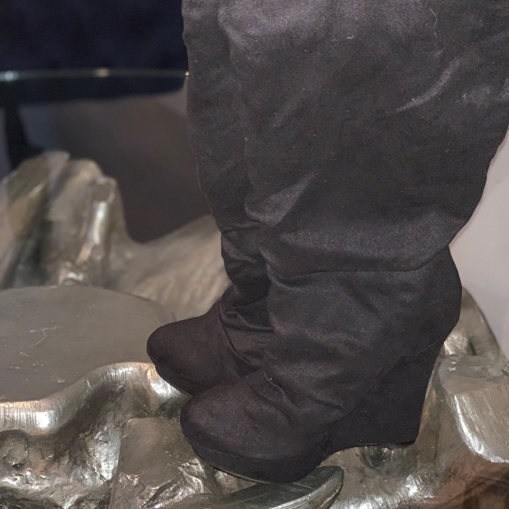 Black knee high wedge boots